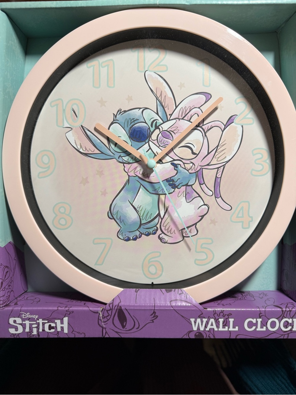 Disney Pastel Pink and Blue Stitch and Angel Hug Wall Clock *NWT